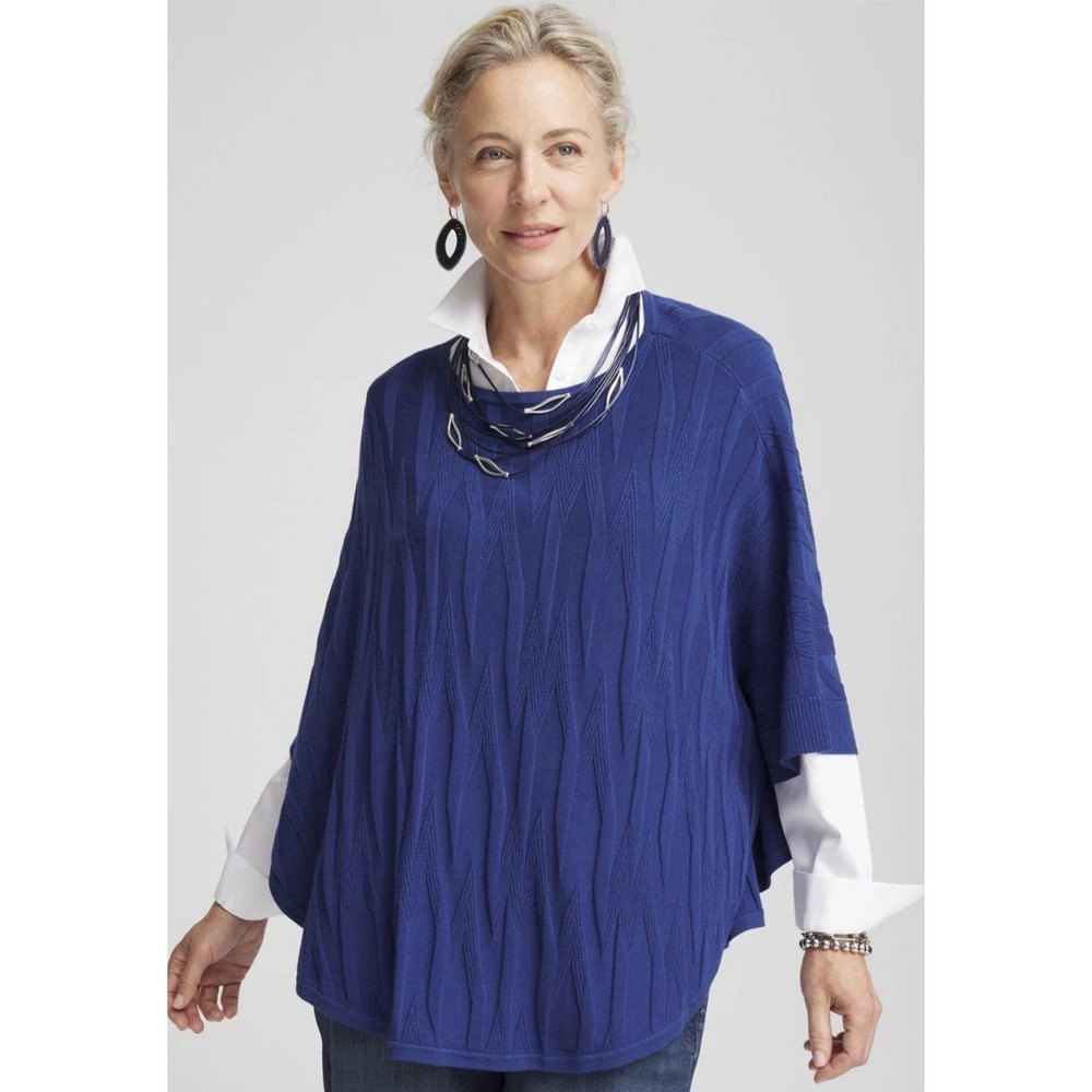 Chico's Women's Blue Boat Neck Textured Cuffed Ribbed Layering Poncho Size S/M